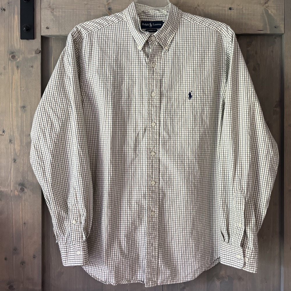 Ralph‎ Lauren Pony Logo Brown Blue Green Check Long Sleeve Button Down Men's XL